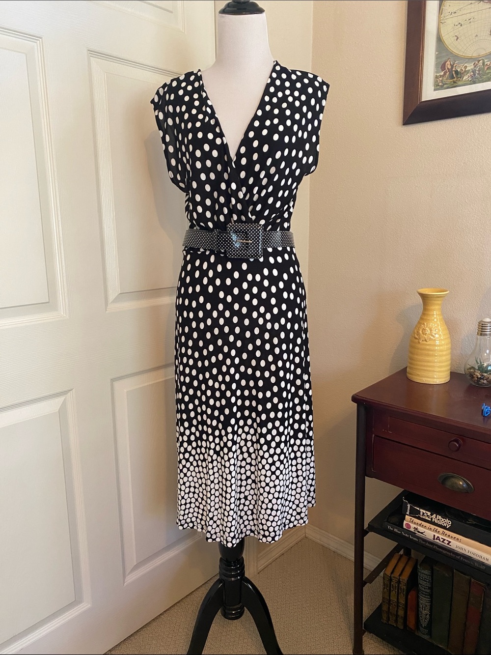 Lascana black and White Polka Dot V-Neck Midi Dress with Belt Accent